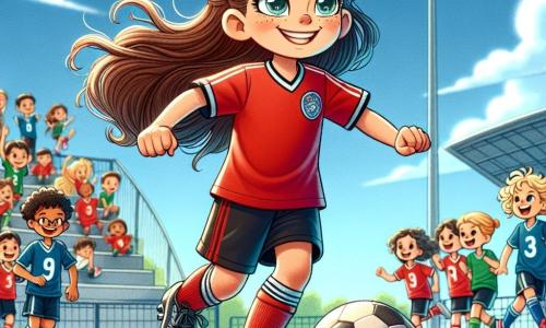 Al centro dell'immagine, Chiara, una ragazza di 10 anni, è in azione sul campo da calcio. Ha lunghi capelli castani raccolti in una coda di cavallo e un grande sorriso che esprime gioia e determinazione. Indossa una maglietta rossa con il logo della sua squadra, pantaloni corti neri e scarpe da calcio brillanti. Chiara dribbla la palla con agilità, i suoi occhi brillano di concentrazione. A sinistra di Chiara, Sofia, un'altra ragazza di 9 anni, corre verso di lei, pronta a ricevere il passaggio. Sofia ha capelli biondi ricci e indossa una maglietta blu, il suo viso è illuminato dall'eccitazione mentre urla per incoraggiare Chiara. Sullo sfondo, un gruppo di bambini di 8-12 anni è seduto sugli spalti, applaudendo e incoraggiando le loro eroine. Indossano t-shirt colorate e mostrano sorrisi entusiasti. Il campo da calcio è verde e ben curato, con linee bianche che segnano il terreno. Il cielo è blu con alcune nuvole bianche e il sole splende, creando un'atmosfera gioiosa e dinamica. La scena principale mostra Chiara che dribbla la palla con determinazione, pronta a segnare un gol decisivo, mentre le sue compagne e i bambini sugli spalti la incoraggiano con entusiasmo.
