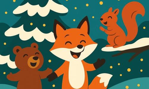 Finn, der junge Fuchs mit dem leuchtend roten Fell und den vor Freude strahlenden Augen, steht unter einer großen, majestätischen Tanne, die mit glitzerndem Schnee bedeckt ist, ein strahlendes Lächeln erhellt sein Gesicht. Neben ihm applaudiert Pia, das Eichhörnchen mit ihrem buschigen Schwanz und den schelmischen Augen, begeistert auf einem niedrigen Ast. Bruno, der braune Bärenjunges mit dem gütigen Blick, steht neben Finn mit offenen Armen, als wollte er die Szene umarmen. Im Hintergrund ist die verschneite Lichtung mit kleinen Glühwürmchenlichtern übersät, die eine märchenhafte Atmosphäre schaffen. Die Hauptsituation zeigt Finn und seine tierischen Freunde, die fröhlich im Chor singen, ihre Stimmen erheben sich in der eiskalten Luft, umgeben von einer warmen und festlichen Stimmung.