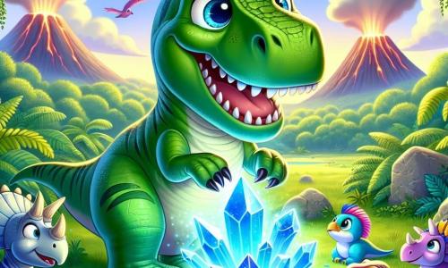 Un gran Tyrannosaurus Rex llamado Tito, con una piel verde brillante y grandes ojos resplandecientes, se encuentra en el centro de la escena, mostrando una sonrisa alegre y una expresión de determinación. Está tocando un cristal azul brillante que emite una suave luz mágica a su alrededor. A su lado, varios pequeños dinosaurios coloridos, como un triceratops de cuernos rosas y un velociraptor de plumas amarillas, lo observan con admiración, listos para seguir a Tito en sus aventuras. La escena se desarrolla en un bosque prehistórico exuberante, lleno de helechos gigantes y volcanes a lo lejos, cuya lava brilla bajo el sol poniente. Tito, el Tyrannosaurus Rex, descubre el cristal mágico y se prepara para usar su nuevo poder para ayudar a sus amigos, creando una atmósfera de aventura y camaradería.