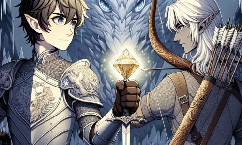 En el centro de la imagen, un joven caballero llamado Alaric, de unos 15 años, se sostiene valientemente con una espada brillante en la mano. Tiene cabello castaño, ojos llenos de determinación y lleva una armadura plateada con un escudo que representa un león. Su rostro expresa valentía y concentración mientras se prepara para enfrentar a un dragón. A su derecha, un elfo llamado Elion, de aproximadamente 120 años (pero con apariencia de joven), sostiene un elegante arco de madera tallada. Tiene cabello largo y plateado, orejas puntiagudas y una mirada aguda, listo para disparar una flecha en ayuda de Alaric. Al fondo, se abre la caverna del Dragón de las Sombras, con paredes brillantes de cristales y sombras amenazantes que danzan alrededor. Tesoros relucientes están esparcidos por el suelo, creando una atmósfera mágica y peligrosa. La escena representa el momento crucial en el que Alaric se prepara para enfrentar al dragón, simbolizando el coraje y la amistad en un entorno fantástico.