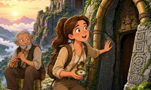 A young female explorer (about 20–25), round-faced with freckles, brown hair in a ponytail, smiling in wonder, wearing khaki pants, a beige jacket and worn backpack, touches an engraved stone with one hand and holds a shiny old compass in the other; an elderly man (about 65) with gray hair and short beard sits on a bamboo stump in the left background, kindly watching while playing a small wooden flute; on the mountain summit cracked gray rocks, green mossy vines and a small ancient stone temple with carved wooden doors partially overgrown with ferns and dewy drops; warm morning light, pink-and-gold sky and low clouds over the valley; the explorer has discovered the temple's secret entrance hidden behind a bamboo arch, her expression and posture conveying humble, confident wonder and adventure.
