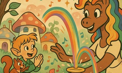Een feestelijke, lichte scène in een dorp van gekleurde paddenstoelen met sporeehuizen en een pastelkleurige lucht: Luna de eenhoorn (vrouwelijk, zacht gezicht, stralende glimlach, krullende regenboogmanen, grote gouden spiraalhoorn) raakt de gouden fontein aan en doet er een regenboogwaterval uit spuiten terwijl ze vrolijk poseert; Tim, een elfje van ~9 jaar met puntige oren, warrig koperblond haar en eenvoudige groene kleding, klimt op een paddenstoel bij de fontein en klapt verwonderd; Sjoerd, pratende eekhoorn (klein, rond, roodbruine zijdezachte vacht, guitige ogen), zit op Tims schouder en wijst naar de fontein; rond de fontein zingen bloembladen en er staat op de achtergrond een reusachtige klimmende bonenstengel; muzieknootjes en glitter dwarrelen in de lucht.