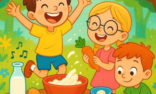 Un ragazzo di 6 anni, Giulio, con i capelli castani in disordine e un grande sorriso gioioso, sta saltando di gioia davanti a un tavolo pieno di ingredienti colorati per biscotti magici. Accanto a lui, la sua migliore amica Lella, una ragazza di 6 anni con trecce bionde e occhiali rotondi, ride di gusto tenendo una carota in mano. Tommi, un ragazzo di 6 anni con i capelli rossi e lentiggini, è accovacciato, parlando a una piccola formica che sale sul suo dito. Il luogo è un bosco incantato, circondato da alberi con foglie scintillanti e fiori multicolori che danzano nel vento. Al centro, un grande tavolo di legno è coperto di farina che sembra danzare, latte che canta note gioiose e uova che saltellano. La scena principale mostra Giulio e i suoi amici pronti a iniziare un'avventura golosa, circondati da un'atmosfera festosa e magica, dove tutto sembra vivo e pieno di risate.