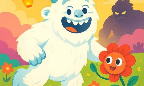 Un yeti suave y peludo, llamado Pum, se encuentra alegremente en el centro de la escena. Es grande y robusto, con un pelaje blanco brillante y ojos redondos que brillan de curiosidad. Pum sonríe ampliamente, mostrando sus grandes dientes amistosos, y baila sobre sus patas traseras, rodeado de flores coloridas que también bailan con él. A su lado, una pequeña flor de pétalos rojos y verdes, con ojos redondos y chispeantes, salta alegremente, pareciendo traviesa y feliz, extendiendo una de sus hojas hacia Pum, como invitándolo a seguir bailando. El fondo es una llanura mágica, vibrante de colores: colinas de nubes rosas y campos de flores brillantes que cambian de forma. Farolitos luminosos flotan en el aire, iluminando el paisaje con una suave luz dorada. La escena principal muestra a Pum y la flor bailando juntos, celebrando la magia de la amistad y la alegría, mientras una sombra amenazante, Grislac, se perfila a lo lejos, pero Pum no parece preocupado, lleno de felicidad y determinación, listo para compartir su alegría con todos.