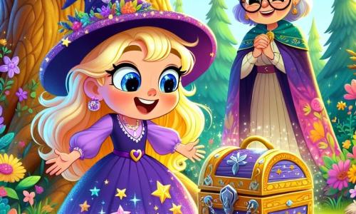 Una giovane apprendista strega, Luna, di sei anni, con capelli dorati che brillano al sole, un grande sorriso gioioso e occhi blu scintillanti, si trova davanti a una grande quercia. Indossa un vestito viola decorato con stelle scintillanti e un cappello a punta. Luna guarda con meraviglia un piccolo scrigno d'argento che ha appena scoperto, con le mani tese verso di esso, piena di eccitazione. Accanto a lei, la nonna Stella, una donna anziana con capelli argentati e occhiali rotondi, sorride orgogliosa. Indossa un lungo vestito e un velo colorato, rimanendo leggermente in disparte, osservando la nipotina con tenerezza. Il luogo è una radura incantata, immersa in luce dorata, circondata da fiori colorati e alberi maestosi. Il terreno è coperto di foglie verdi e petali multicolori, creando un'atmosfera magica. La scena principale mostra Luna che scopre lo scrigno d'argento sotto l'antica quercia, pronta ad aprire il cofanetto che potrebbe rivelare un segreto magico, mentre la nonna la incoraggia con un sorriso caloroso.