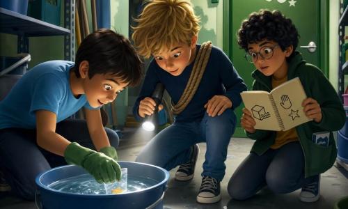 Hay tres niños: a la izquierda, un niño de unos 10 años, cabello castaño corto, arrodillado frente a un gran cubo azul con la mano en el agua sacando una pequeña bolsita plástica brillante; en el centro, justo detrás del cubo, un niño de unos 11 años, cabello rubio alborotado, con una linterna plateada apuntando al cubo observando con curiosidad; a la derecha, ligeramente en segundo plano, un niño de unos 10 años, cabello negro rizado y gafas redondas, con una libreta pequeña abierta donde apunta un pictograma. Lugar: un pasillo de trastero de edificio iluminado por neones suaves, paredes verde pálido con manchas de pintura, suelo de hormigón con gotas de agua brillantes, estanterías metálicas con cubos y escobas y una puerta verde al fondo con un pictograma pegado (cubo de agua, mano, estrella). Situación: los tres pequeños aventureros descifran un misterio: una mano dentro del cubo de agua saca una pegatina de estrella dorada que brilla bajo la superficie; la linterna revela reflejos plateados en el agua, los rostros muestran concentración y asombro, atmósfera calma y ligeramente misteriosa, colores saturados pero suaves y texturas lisas en degradado.