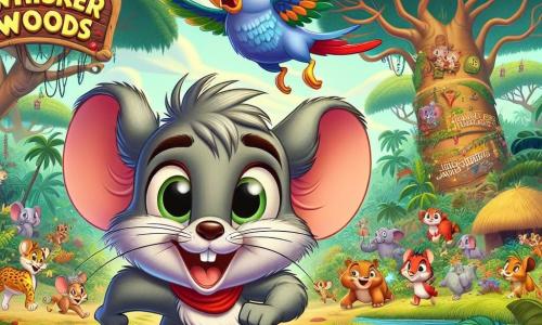 Max, a mischievous little mouse with sparkling eyes and twitching whiskers, joyfully runs through the jungle with a big smile on his face. He has soft gray fur and wears a small red scarf around his neck, adding a splash of color to his appearance. Alongside him, Polly, a colorful parakeet with bright blue and green feathers, flies in circles above him, her wings spread wide, laughing and encouraging Max. She has a mischievous look, ready to assist him in his adventures. In the background, the village of Whisker Woods can be seen, with majestic trees, vibrant flowers, and a large baobab at the center, where a colorful sign announces the Jungle Jamboree. Jungle animals gather around, creating a festive and lively atmosphere. The main scene shows Max and Polly preparing for the Great Jungle Dash race, surrounded by their excited animal friends, all eager for a day full of laughter and adventures.
