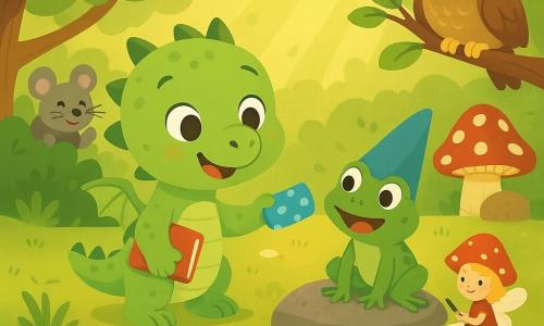 Lila, uma pequena dragona verde de cinco anos, sorri confiante segurando um caderninho vermelho e oferecendo uma grande borracha azul com pontos prateados a Bingo, um sapinho saltitante de chapéu azul, sentado numa pedra úmida do lavadouro; Sissi, uma minúscula fada dos cogumelos de chapéu vermelho com bolinhas brancas, desenha uma borboleta sentada num cogumelo à margem; Pipo e Pupa, dois ratinhos grisalhos gémeos, riem atrás de um arbusto à esquerda; Corina, uma coruja sábia empoleirada acima, limpa os óculos com uma folha; ao centro um lavadouro de pedra com água clara, bolhas de sabão, algas e flores silvestres; cena com Lila a devolver a borracha a Bingo, amigos reunidos, atmosfera calorosa e festiva, cores vivas e formas arredondadas.