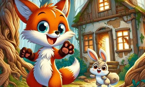 Um pequeno raposo curioso chamado Foguinho, com pelagem laranja viva e olhos brilhantes de excitação, está diante de uma velha casa abandonada, com as patas levantadas como se estivesse pronto para explorar. Ao lado dele, uma coelhinha chamada Lili, com grandes orelhas e pelagem branca, salta de alegria, seu rosto radiante de entusiasmo. Um pequeno esquilo chamado Pipo, com pelagem marrom e um rabo peludo, observa ao redor com olhos arregalados, mostrando uma expressão de intensa curiosidade. A cena se passa em uma floresta encantada, onde grandes árvores de troncos tortuosos cercam a casa, e flores coloridas crescem no chão. A casa, com suas janelas empoeiradas e uma porta rangente, emana uma atmosfera misteriosa, enquanto um raio de sol atravessa os galhos, iluminando o caminho para a aventura. Foguinho, Lili e Pipo se preparam para entrar na casa, cheios de excitação e antecipação, prontos para descobrir os segredos escondidos dentro.