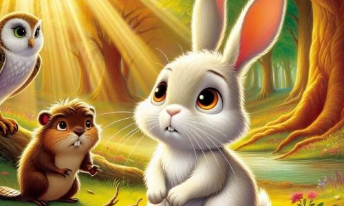 A small rabbit named Oliver, with soft, cloud-white fur, stands at the center of the image, his big eyes shining with worry and determination. He looks up at the sky, his ears perked, ready to embark on an adventure to save the Great Oak. To his right, Bella the owl, a wise creature with brown and golden feathers, is perched on a branch, watching Oliver with an encouraging gaze. She spreads her wings, ready to guide him with her wisdom. On the left, Gus the beaver, with dark brown fur and sharp teeth, is gathering twigs, his face focused and determined. He stands by the water, prepared to lend his strength to the mission. The setting is an enchanted forest, bathed in golden light, with majestic trees and vibrant green leaves, and a ground covered in colorful flowers. In the background, the Great Oak stands, its branches extended like welcoming arms, but it appears sad and weary. The scene depicts Oliver, Bella, and Gus united in their quest, ready to face challenges to save the Great Oak, symbolizing friendship and bravery at the heart of the forest.