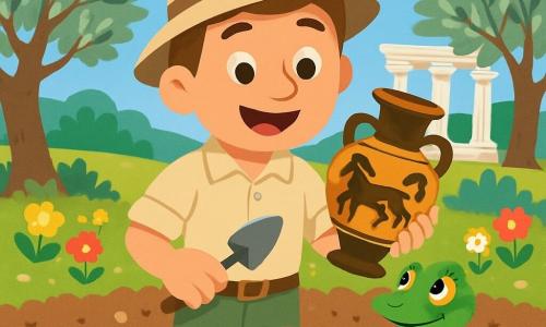 Un archeologo di nome Paolo è in piedi in un campo di scavi soleggiato, con un grande sorriso meravigliato sul volto. Indossa un cappello beige, una camicia a maniche corte e pantaloni leggeri, e tiene una piccola pala in una mano e un antico vaso nell'altra. Accanto a lui, una piccola lucertola verde di nome Lina, con occhi brillanti e curiosi, osserva attentamente il vaso. Il luogo è un sito archeologico in Grecia, circondato da ulivi con foglie argentate e fiori colorati. Il terreno è coperto di terra marrone, punteggiato di pietre e detriti antichi. La scena principale mostra Paolo che ha appena scoperto un vaso decorato con motivi di cavalli, che esamina con entusiasmo, mentre Lina, la lucertola, è pronta ad aiutarlo in questa incredibile avventura.