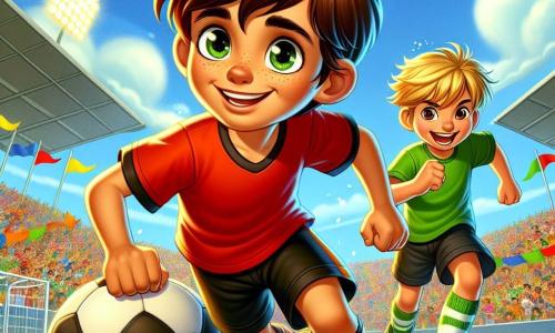 A young boy, Milo, about 12 years old, is at the center of the image with messy brown hair and a confident smile. He is wearing a bright red football jersey, black shorts, and white socks, dribbling a football on the field. His eyes shine with excitement and determination. Next to him, Zed, another 12-year-old boy with blond hair and mismatched socks, is running fast, ready to receive the pass. He has a mischievous look and a big smile, showing his enthusiasm for the game. In the background, the well-maintained green football field is surrounded by stands filled with joyful spectators waving colorful flags. The sky is blue with a few white clouds, and the sun is shining, creating a cheerful and dynamic atmosphere. The main scene shows Milo in action, skillfully dribbling the ball, while Zed prepares to make a quick run to receive the pass, with palpable energy filled with camaraderie and passion for football.