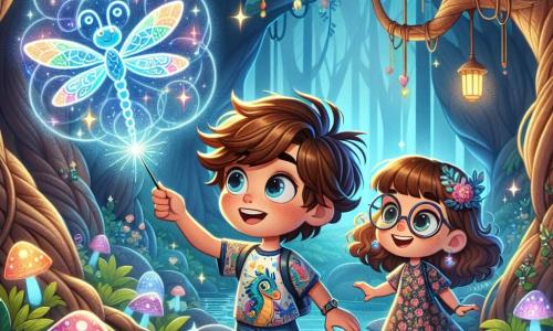 A 10-year-old boy, Benny, with tousled brown hair and sparkling curious eyes, stands in front of a stunning floating holographic map. He wears a colorful t-shirt with dragon patterns and denim shorts, his face beaming with excitement and wonder as he touches the dragonfly-shaped gadget glowing in his hand. Beside him is his best friend Lila, a 10-year-old girl with curly brown hair and round glasses, watching the map with an enthusiastic smile. She is wearing a floral dress and sneakers, hands on her hips, ready for adventure. Their surroundings are an enchanted forest, with twisted trees and shimmering leaves rising around them. Glowing mushrooms emit a soft light, and pixelated birds fly overhead, adding a touch of magic to the scene. The main situation shows Benny and Lila discovering a holographic map guiding them to the mysterious Crystal Cavern, filled with excitement and anticipation for their next adventure.