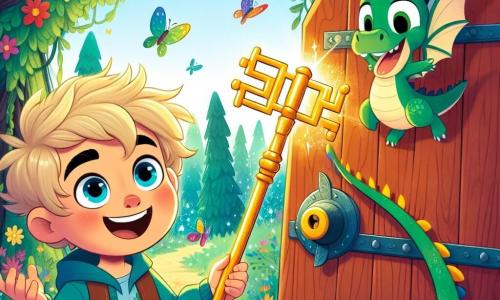 A 4-year-old boy named Leo, with messy blonde hair and large sparkling blue eyes, stands in front of a huge wooden door covered in colorful flowers and green vines. He joyfully smiles, holding a shiny golden key that glimmers in the sunlight. Beside him, a friendly dragon named Spark, with bright green scales and gentle eyes, smiles as well, his wings slightly spread, ready to accompany him on the adventure. In the background, an enchanted forest stretches as far as the eye can see, with majestic trees and shimmering leaves, while colorful butterflies flutter around, adding a touch of magic to the scene. The main focus shows Leo inserting the golden key into the door's lock, with an expression of curiosity and wonder on his face, eager to discover the magical world hidden behind.