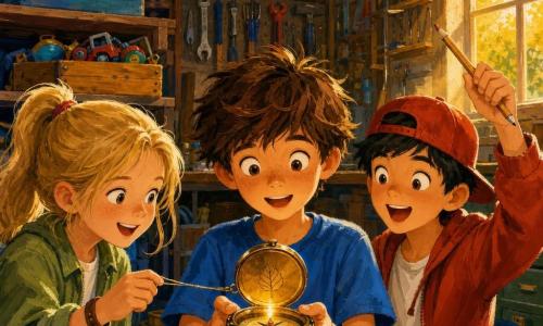 Three 8-year-olds—Milo, messy brown hair and blue T-shirt, standing center holding a small shining brass 