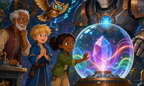 Eight-year-old Amara, smiling but focused, brown hair in a small ponytail, bright eyes, wearing a green canvas jacket and beige trousers, presses her palm to a glass dome and sings softly; behind her stands twelve-year-old apprentice magician Barris, tousled blond hair and a short blue robe, smiling and joining in with hands clasped; nearby Master Berrin, a 70-year-old human with a short white beard and round glasses, watches thoughtfully and moved by the scene; a small brass mechanical owl named Pip with glowing sapphire eyes hovers near Amara's right shoulder, emitting tiny luminous notes; a massive golem called Embersteel with brushed steel plates and copper highlights stands motionless behind the dome, its eyes glowing warm blue in resonance with the song; the setting is the Heartforge Hall, a vast circular orbital workshop of riveted steel walls, organic conduits, giant gears, suspended walkways, and a central glass dome enclosing a pulsing luminous crystal; as Amara sings with her hand on the dome the crystal pulses in colored waves, others around begin to sing, and the scene radiates wonder, unity, and mechanical awakening.