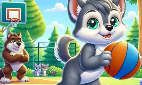 Ein kleiner Wolf namens Wolly, mit weichem grauem Fell und funkelnden Augen voller Entschlossenheit, steht auf einem grünen Basketballplatz, bereit, einen Wurf zu machen. Er lächelt breit, seine Hinterbeine fest auf dem Boden verankert, während er den bunten Ball über seinen Kopf hebt. Neben ihm schaut Rex, ein großer muskulöser Wolf mit braunem Fell, Wolly mit einem ermutigenden und stolzen Blick an, die Ohren aufgestellt und der Schwanz wackelnd, bereit, seinen Erfolg zu feiern. Er steht leicht im Hintergrund, die Pfoten übereinandergelegt, um seine Unterstützung zu zeigen. Der Ort ist ein Freiluft-Basketballplatz, umgeben von großen Bäumen mit leuchtend grünen Blättern, unter einem klaren blauen Himmel mit einigen schwebenden weißen Wolken. Bunte Blumen säumen das Spielfeld und verleihen der Umgebung eine fröhliche Note. Die Hauptsituation zeigt Wolly, der den Ball zum Korb wirft, während alle anderen Tiere des Waldes versammelt sind, gespannt und erwartungsvoll zuschauen, bereit, seinen unglaublichen Wurf zu applaudieren.