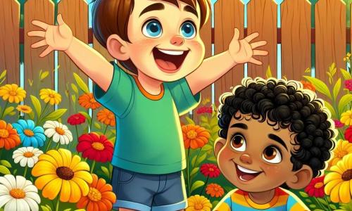 Un ragazzino di 4 anni di nome Luca, con capelli castani e occhi pieni di curiosità, si trova in un giardino colorato, circondato da fiori gialli brillanti. Sorride gioiosamente, con le braccia aperte, come se volesse condividere la sua gioia con il mondo. Accanto a lui, Amir, un ragazzo di 4 anni con la pelle scura e capelli ricci, ammira i fiori con un grande sorriso. Indossa una maglietta colorata e pantaloni corti, e si piega leggermente in avanti, affascinato dalla bellezza dei fiori. Il giardino è pieno di fiori di tutti i colori, con farfalle che volano intorno, creando un'atmosfera magica e gioiosa. Sullo sfondo, si vede una recinzione in legno e un cielo blu chiaro punteggiato di alcune nuvole bianche e soffici. La scena principale mostra Luca e Amir, mano nella mano, ridendo e scoprendo insieme la bellezza della diversità dei fiori, simboleggiando la loro nuova amicizia e la meraviglia di scoprire cose diverse.