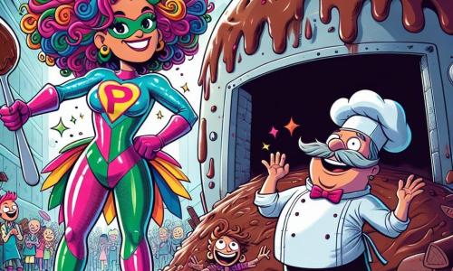 Super-Paty, uma mulher super-heroína com cabelos cacheados e coloridos, usa um traje brilhante de cores vivas com um grande logo em forma de colher no peito. Ela sorri radiante e tem olhos cheios de travessura, enquanto se posiciona orgulhosamente diante de um forno gigante transformado em um imenso bolo de chocolate, com os braços cruzados e uma expressão determinada. Ao seu lado, o Sr. Pão Duro, um homem de meia-idade com um bigode enrolado e um avental de padeiro, observa surpreso e divertido, com as mãos cobertas de cobertura, olhando para o bolo gigante. Um pouco mais adiante, o Capitão Confusão, um garoto de cabelos bagunçados vestido com um traje de vilão de cores chamativas, está sentado no chão, rindo após ter tropeçado em uma poça de chocolate. A cena ocorre em uma rua movimentada de Risolândia, onde crianças brincam e balões coloridos flutuam no ar. Os edifícios estão decorados com guirlandas e luzes festivas, criando uma atmosfera alegre e calorosa. A situação principal mostra Super-Paty triunfante, tendo salvado o dia ao transformar um forno perigoso em um bolo delicioso, enquanto os moradores da cidade se reúnem ao seu redor, rindo e celebrando com fatias de bolo nas mãos.