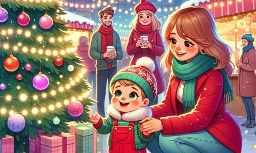 Ein kleiner Junge von einem Jahr mit runden Wangen und funkelnden Augen trägt einen niedlichen roten Overall und eine süße Weihnachtsmütze. Er steht lächelnd und voller Staunen vor einem großen, festlich geschmückten Weihnachtsbaum mit glitzernden Lichtern und bunten Kugeln. Neben ihm kniet seine Mama, eine Frau in ihren Dreißigern, in einer schönen roten Jacke mit einem warmen Lächeln und streckt die Arme nach ihrem Sohn aus, voller Zärtlichkeit und Freude. Ein bisschen weiter steht sein Papa, ein Mann in seinen Dreißigern mit einem weichen Bart und einem grünen Schal, der sie stolz beobachtet und eine Tasse heiße Schokolade hält. Die Szene spielt auf einem lebhaften Weihnachtsmarkt mit bunten Ständen, Lichtergirlanden und sanft fallendem Schnee. Die Menschen um sie herum sind fröhlich, und die Luft ist erfüllt vom Duft von Plätzchen und heißen Maronen. Der kleine Junge sucht in der Menge nach seinen Eltern, fasziniert von den Lichtern und Dekorationen, während ein lächelnder Teddybär neben ihm erscheint, bereit, ihm zu helfen, seine Familie zu finden.