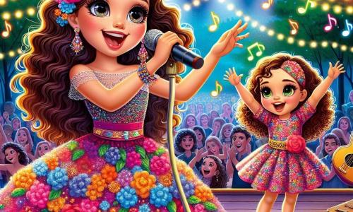 Clara, uma jovem com cabelos longos e cacheados, brilha de alegria no palco, vestida com um vestido colorido que brilha sob as luzes. Seu rosto expressa excitação e paixão enquanto canta com um microfone na mão, cativando o público. Ao seu lado, Lúcia, uma menina de 8 anos com cabelos encaracolados e olhos brilhantes, sorri com orgulho, usando um lindo vestido de flores e segurando uma pequena guitarra, pronta para acompanhar Clara. O cenário é um parque vibrante, cheio de flores coloridas e notas musicais flutuando no ar, com uma multidão entusiasmada aplaudindo e sorrindo. As árvores ao redor estão decoradas com luzes, criando uma atmosfera mágica e festiva. Clara e Lúcia cantam juntas, compartilhando seu amor pela música e a alegria de se apresentar para um público encantado.