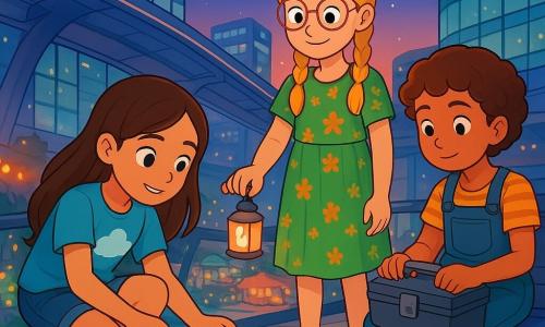 Er zijn 3 personages: - Noor: een 9-jarig meisje met lang bruin haar en sprankelende ogen. Ze draagt een blauwe t-shirt met een wolkenpatroon en een spijkerbroek. Ze zit in een hurkende positie en houdt een stuk brood vast om een vogel te voeden. - Liva: een 9-jarig meisje met blonde vlechten en een iets scheve bril. Ze draagt een groene bloemenjurk en sandalen. Ze staat naast Noor, glimlachend en houdt een kleine lamp met zacht licht vast. - Faye: een 9-jarig meisje met kort, krullend haar, gekleed in een spijkeroverall en een gestreept t-shirt. Ze zit op een bank, houdt een gereedschapskist vast en kijkt aandachtig naar de scène. De locatie is een prachtige futuristische hangbrug, hangend tussen twee grote glanzende gebouwen. De brug is versierd met lichtgevende bloemen die zachtjes stralen in het avondlicht. Onder de brug is de stad Lumen levendig, met transparante trams die stilletjes voorbij glijden en kleurrijke markten verlicht door drijvende lantaarns. De hoofdscène toont de drie meisjes die een klein vogeltje redden dat onder een plank van de brug vastzit. Noor steekt voorzichtig haar hand uit om de vogel te bevrijden, terwijl Liva de scène verlicht met haar lamp en Faye haar gereedschap gebruikt om de plank aan te passen. De sfeer is vol kameraadschap en avontuur, met sterren die beginnen te stralen in de schemerige lucht.