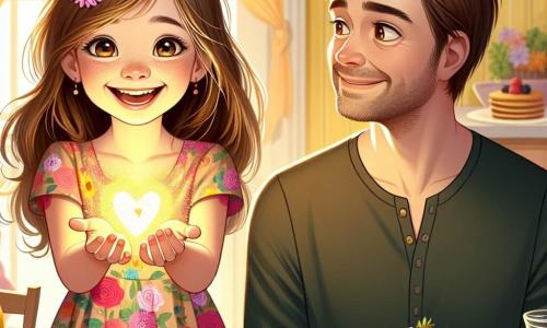 Una niña de 6 años, llamada Sofía, con largos cabellos castaños y ojos brillantes de alegría, se encuentra en el centro de la imagen. Lleva un vestido colorido de flores y una gran sonrisa ilumina su rostro mientras le entrega un regalo brillante a su papá. A su lado, su papá, un hombre de unos 30 años, con cabello castaño y una barba ligera, mira a Sofía con ojos maravillados. Está sentado en la mesa del desayuno, rodeado de decoraciones coloridas por el Día del Padre, y su expresión muestra una inmensa ternura. El ambiente es una cocina acogedora, llena de luz de la mañana, con paredes pintadas de amarillo pastel y ventanas abiertas que dejan entrar el canto de los pájaros. En la mesa hay pancakes, frutas frescas y una tarjeta hecha a mano, añadiendo un toque festivo a la atmósfera. La escena principal muestra a Sofía ofreciendo un regalo mágico a su papá, un momento lleno de felicidad y amor, simbolizando la alegría del Día del Padre y el vínculo especial entre un padre y su hija.