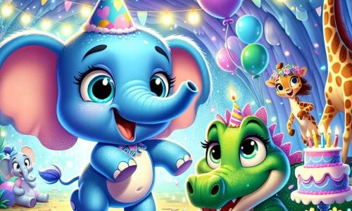 Un pequeño elefante azul, llamado Coco, con grandes orejas y una trompa alegre, salta de felicidad en medio de una fiesta de cumpleaños. Su rostro irradia emoción, sus ojos brillan de alegría y una gran sonrisa ilumina su cara. A su lado, Lila, una elegante jirafa con manchas rosas, lo observa con una cálida sonrisa, sus grandes ojos brillando de amistad. Ella sostiene una hermosa bufanda colorida en sus patas, lista para regalársela a Coco. Roco, un cocodrilo verde con escamas brillantes, se encuentra un poco más atrás, riendo con complicidad, sus dientes blancos brillando bajo el sol. La escena se desarrolla en una cueva mágica llena de luces centelleantes y decoraciones coloridas, con globos flotantes y una gran mesa repleta de pasteles y frutas. Coco sopla las velas de su pastel de cumpleaños, rodeado de sus amigos, todos cantando alegremente.