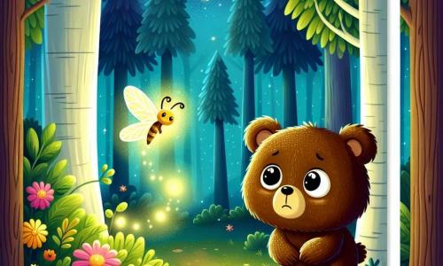 Un pequeño oso marrón, con grandes ojos redondos y un pelaje suave, se encuentra en el centro de la escena, con una expresión de miedo en su rostro. A su derecha, una luciérnaga brillante, pequeña y delicada, flota alegremente en el aire, iluminando el camino del pequeño oso. El escenario es un bosque encantado en la noche, con árboles majestuosos y hojas que brillan bajo la luz de las estrellas, mientras flores coloridas emergen del suelo, añadiendo un toque de magia. La situación principal muestra al pequeño oso, dudoso y temeroso, mientras la luciérnaga lo anima a avanzar a través del hermoso paisaje nocturno.