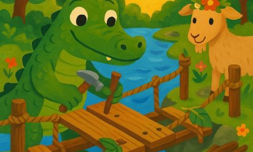 Un cocodrilo verde esmeralda, ancho y sonriente, de mirada concentrada y amable, clava una tabla del puente con una plancha de madera y un martillo, mientras Berto, un íbice marrón claro con pequeñas astas curvadas y un casco de flores, en la orilla opuesta y junto a las herramientas, trae ramas fuertes; la escena junto a un amplio río azul ondulado, con árboles verdes, rocas musgosas y flores, bajo un cielo dorado al atardecer, muestra la construcción de un puente rústico de madera con tablas incompletas, cuerdas trenzadas y hojas como reparaciones, en una atmósfera cálida y cooperativa.