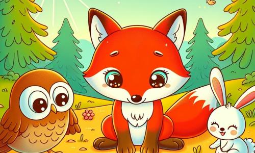 Ein leuchtend roter Fuchs mit traurigen Augen sucht in einer sonnigen Lichtung nach seinem wertvollen Murmel. Er hockt und schaut verzweifelt auf den Boden. Neben ihm schwebt eine weise Eule mit braunen Federn und großen runden Augen, bereit zu helfen, während ein kleiner, fröhlicher Hase mit langen weißen Ohren hüpfend näher kommt, um seine Hilfe anzubieten. Die Lichtung ist von großen grünen Bäumen umgeben, mit bunten Blumen, die im Wind tanzen, und ein sanfter Sonnenstrahl erhellt die Szene. Der Fuchs, die Eule und der Hase suchen gemeinsam nach der verlorenen Murmel und schaffen eine Atmosphäre von Freundschaft und Abenteuer.
