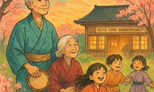 Een oude man, Haru, met grijze haren en ogen als rijst, staat met een serene glimlach terwijl hij de wind observeert die zachtjes door een veld van kersenbloesems waait. Naast hem zit een oude vrouw, de sjamaan van het dorp, met haar zo wit als rijstpapier, een kleine tamboerijn in haar hand, haar ogen fonkelend van wijsheid. Een groep kinderen, jongens en meisjes van ongeveer 8 tot 10 jaar, speelt vrolijk om hen heen, lachend en rennend, hun traditionele kleding wapperend in de wind. Op de achtergrond staat een prachtig houten gebouw, het "Huis van Samenkomst", met grote open ramen die het gouden licht van de ondergaande zon binnenlaten. De hoofdzakelijke scène toont Haru en de sjamaan die naar de lucht kijken, waar kleine lichtjes dansen als vuurvliegjes, symbool van de zegen van de geesten van de wind.