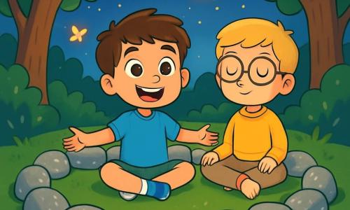 Ci sono 2 personaggi principali: Luca, un ragazzo di 8 anni con capelli castani e occhi curiosi, indossa una maglietta blu e pantaloni verdi, seduto al centro di un cerchio di pietre con le braccia aperte e un grande sorriso; Matteo, un ragazzo di 8 anni con capelli biondi e occhiali tondi, indossa un maglione giallo e pantaloni beige, seduto accanto a Luca con gli occhi chiusi, respirando profondamente e mostrando un'espressione di serenità. La scena si svolge in un meraviglioso cerchio di pietre scintillanti, circondato da alberi maestosi e un prato verde. Un piccolo specchio d'acqua riflette le stelle nel cielo notturno, mentre farfalle di luce danzano attorno a loro, creando un'atmosfera magica. Luca e Matteo sono seduti insieme, respirando calmamente e lasciandosi trasportare dalla bellezza della natura e dal silenzio, mentre le farfalle di luce fluttuano intorno, creando un'atmosfera da sogno e di serenità.