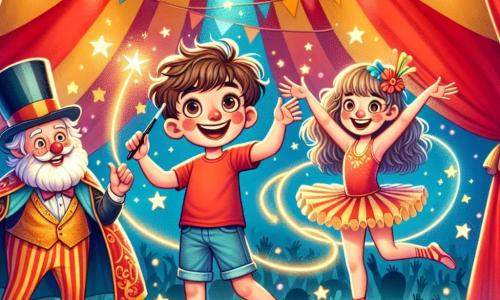 Un ragazzo di 11 anni, Marco, con capelli castani arruffati e un grande sorriso, si trova al centro del palco, con le braccia aperte, meravigliato dall'atmosfera del circo. Indossa una maglietta rossa e pantaloni corti blu, e i suoi occhi brillano di eccitazione. Accanto a lui, il Mago Gigi, un uomo anziano con una lunga barba bianca e un cilindro, sorride orgogliosamente mentre tiene una bacchetta magica scintillante, pronto a incoraggiarlo. Un po' più in là, la ballerina della corda, una ragazza di circa 10 anni, vestita con un abito colorato e leggero, esegue una pirouette graziosa, aggiungendo un tocco di magia. Il luogo è un circo splendente, con un grande tendone a strisce rosse e gialle, illuminato da festoni di luci scintillanti. Stand di popcorn e caramelle colorate circondano il palco, mentre un pubblico entusiasta applaude e ride. La scena principale mostra Marco su una grande palla di equilibrismo, con le braccia alzate, pronto a eseguire un numero spettacolare, mentre il Mago Gigi e la ballerina della corda lo incoraggiano con sorrisi radiosi, creando un'atmosfera di gioia e meraviglia.