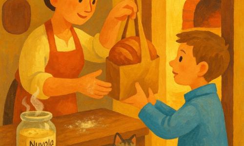 Lina, una donna panettiera dal viso dolce e sorridente, capelli castani raccolti in uno chignon e mani calde coperte di farina bianca, porge delicatamente un sacchetto di carta marrone contenente una grande pagnotta rotonda appeso a un piccolo gancio esterno; un ragazzo di circa 12 anni, capelli corti e cappotto azzurro chiaro, la guarda con gratitudine e tende la mano per prendere il sacchetto, leggermente avanzato sotto la piccola arcata della panetteria; sul bancone c'è un vaso di lievito madre chiamato Nuvola, barattolo di vetro traslucido con grandi bolle bianche ed etichetta scritta a mano, una leggera vaporizzazione ne suggerisce la vivacità senza essere umano; un gattino tigrato è seduto sulla soglia, orecchie dritte e sguardo curioso verso il sacchetto, coda avvolta intorno alle zampe; interno di una panetteria accogliente con bancone in legno consumato, farina spolverata, pala di legno appesa e forno in mattoni rossi aperto sullo sfondo, luce dorata del mattino che filtra dalla vetrina creando ombre morbide; situazione principale: la donna appende un "pane sospeso" in un sacchetto vicino alla porta con un gesto tenero, atmosfera calma e benevola, colori caldi (ocra, marrone, ambra) e texture visibili della crosta e dei granelli di farina.