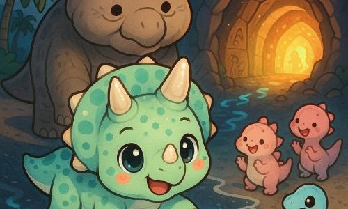 Trixie, una giovane triceratopo, sorride coraggiosamente con grandi occhi luminosi e guance rosate, corna lisce perlate e pelle verde menta macchiata; posa una zampa su una grossa roccia nera che si illumina sotto di essa. Narradonte, un vecchio dinosauro saggio e paffuto dalla pelle bruno-grigiastra e occhi dolci, sta dietro Trixie guardandola con orgoglio e proteggendola. Alcuni piccoli dinosauri giocosi (uno stegosauro rosa e un velociraptor azzurro pastello) osservano dalla riva, saltellando curiosi e applaudendo a breve distanza a destra. La spiaggia è sabbia nera scintillante, palme ricurve, onde argentee e impronte luminose blu che conducono all’ingresso di una caverna semiaperta che emette una calda luce multicolore. La scena mostra Trixie mentre scopre la caverna magica: luce pulsante, pietre incise da storie antiche e un’atmosfera dolce, sicura e piena di meraviglia.