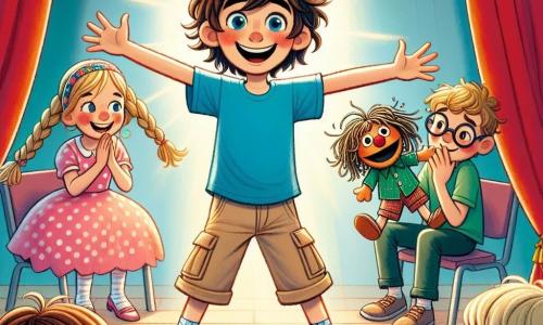Ein 8-jähriger Junge, Lukas, steht auf einer Theaterbühne mit einem strahlenden Lächeln im Gesicht. Er hat zerzauste braune Haare, funkelnde Augen und trägt ein leuchtend blaues T-Shirt und beige Hosen. Seine Arme sind offen, als ob er das Publikum willkommen heißt, und er strahlt vor Selbstvertrauen. Neben ihm applaudiert seine beste Freundin Mia, ein 8-jähriges Mädchen mit langen, geflochtenen blonden Haaren. Sie trägt ein rosa gepunktetes Kleid und ein buntes Haarband und steht leicht vor ihm, um ihn mit einem großen Lächeln zu ermutigen. Hinter ihnen sitzt Tim, ein 8-jähriger Junge mit braunen Haaren und runden Brillen, bewundernd auf einem Stuhl. Er trägt ein grünes T-Shirt und Shorts und hält eine kleine Marionette bereit für den nächsten Akt. Die Bühne ist mit leuchtend roten Vorhängen und funkelnden Lichtern dekoriert, mit Papiersternen an der Decke, die eine magische und fröhliche Atmosphäre schaffen. Das Publikum, bestehend aus Eltern und Freunden, sitzt auf Holzbänken, ihre Gesichter erleuchtet von Aufregung. Die Hauptsituation zeigt Lukas, der leidenschaftlich seine Rolle spielt, während seine Freunde ihn unterstützen, was das Thema Selbstvertrauen und Freundschaftsunterstützung verdeutlicht.