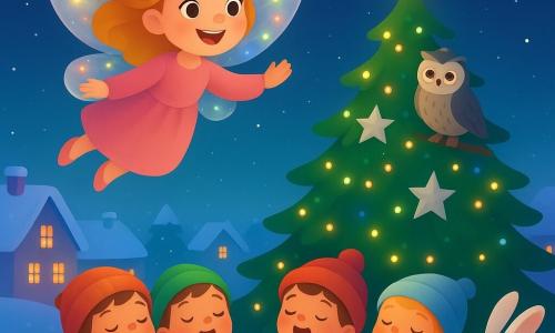 Una piccola fata di nome Luna, con ali scintillanti come luci di Natale, fluttua gioiosamente nell'aria. Ha capelli dorati e un sorriso radioso, i suoi occhi brillano di felicità. Intorno a lei, un gruppo di bambini del villaggio, avvolti in cappotti colorati, canta gioiosamente vicino a un grande albero di Natale decorato con ghirlande luminose e stelle d'argento. Il vecchio gufo Filo, un saggio gufo dalle piume grigie e dagli occhi benevoli, è appollaiato su un ramo dell'albero, osservando la scena con un'aria serena. Il coniglietto Pippo, un piccolo coniglio bianco dalle lunghe orecchie, si trova accanto ai bambini, i suoi occhi brillano di curiosità. La scena si svolge in un villaggio innevato, con tetti coperti di neve e luci di Natale che illuminano le case. La situazione principale mostra Luna e i bambini che cantano insieme, creando un'atmosfera calda e festosa sotto un cielo stellato.
