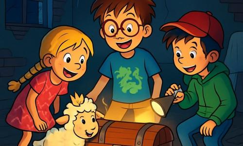 Es gibt 4 Charaktere: Max, ein 10-jähriger Junge mit zerzausten braunen Haaren und runden Brillen, trägt ein blaues T-Shirt mit einem Drachenmotiv und eine beigefarbene Shorts. Er steht in der Mitte und schaut aufgeregt auf eine alte Truhe. Leni, ein 10-jähriges Mädchen mit langen, geflochtenen blonden Haaren und funkelnden Augen, trägt ein rosa gepunktetes Kleid und weiße Turnschuhe. Sie ist leicht nach vorne gebeugt und voller Neugier auf die Truhe. Tom, ein 10-jähriger Junge mit unordentlichen schwarzen Haaren und einer roten Mütze, trägt einen grünen Kapuzenpullover und Jeans. Er steht rechts von Max und hält eine Taschenlampe, die die Truhe beleuchtet. Glitzerschaf, ein kleines magisches Schaf mit glitzerndem Fell und einer niedlichen kleinen Krone, hüpft fröhlich links von Leni und ist bereit, seinen Freunden zu helfen. Der Ort ist ein altes, verlassenes Herrenhaus mit rissigen Ziegelwänden und Spinnweben von der Decke. Das Mondlicht fällt durch die zerbrochenen Fenster und schafft geheimnisvolle Schatten. Der Boden ist mit Staub und Trümmern bedeckt, und eine große alte Holzkiste steht im Mittelpunkt des Raumes, umgeben von alten Möbeln, die mit Tüchern bedeckt sind. Die Hauptsituation zeigt die Kinder, die die geheimnisvolle Truhe entdecken, ihre Gesichter erleuchtet vom Licht von Toms Taschenlampe. Sie sind kurz davor, die Truhe zu öffnen, voller Aufregung und Vorfreude, während Glitzerschaf sie mit einem fröhlichen Lächeln ermutigt.