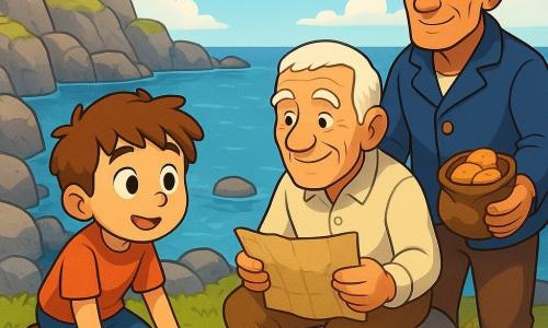 Um menino (Tomás, cerca de 8 anos), rosto redondo, cabelo castanho bagunçado, olhos grandes e brilhantes, expressão admirada e serena, ajoelhado sobre um tapete de relva verde e macia, a mão apoiada na relva como para acariciar; um velho (avô Zé, cerca de 70 anos), rosto enrugado e sorridente, cabelo branco curto, sentado recostado numa rocha baixa, segurando um pergaminho antigo amassado (o mapa) e olhando para Tomás com orgulho; um homem de meia-idade (o pescador Rui, cerca de 50 anos), pele bronzeada, casaco de marinheiro azul, em pé junto a um barco vermelho atracado, observando a cena e segurando um saquinho de biscoitos aberto; local: um ilhéu rochoso à beira-mar com rochas cinzentas texturizadas, pequenas poças brilhantes, tufos de relva curta e flores amarelas, oceano azul cintilante ao fundo e céu claro com algumas gaivotas; situação: Tomás descobre um "caminho herboso" — uma passagem estreita entre duas rochas que leva a um cantinho de relva secreto; ele coloca uma pedra em forma de seta à entrada para indicar o caminho; cena de calma, curiosidade e partilha, luz suave da manhã, composição central, cores saturadas e contrastes nítidos.