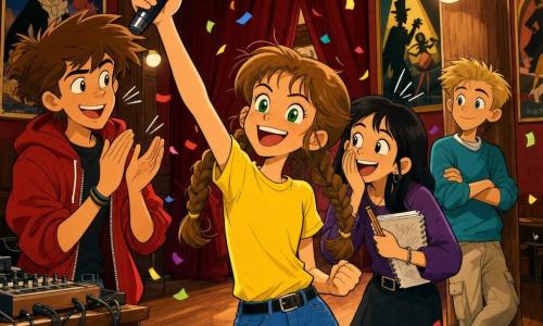 Uma menina de 12 anos, cabelos castanho-claro em duas tranças, olhos verdes, sorridente e enérgica, veste camiseta amarela e saia jeans e ergue orgulhosamente um grande microfone brilhante como troféu; ao lado esquerdo, um rapaz de cerca de 12 anos, alto e magro, cabelo castanho desgrenhado e jaqueta vermelha com capuz, bate palmas ritmadas com olhar divertido; atrás e à direita, uma menina de 11 anos, cabelos pretos lisos, segura um caderno e um lápis, ri e se inclina como para cochichar um plano; ao fundo, um rapaz loiro de 12 anos, calmo e sorridente, de braços cruzados junto a uma coluna de madeira; tudo acontece no interior acolhedor de um pequeno teatro municipal com cortinas vermelhas, piso de madeira, mesa de som e pôsteres vintage, num momento de triunfo após a busca do microfone perdido, com risos, luzes no microfone e confetes imaginários flutuando.