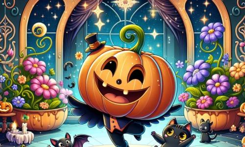 An illustration depicts a cheerful little pumpkin character with a big smile and sparkling eyes, jumping with excitement in a magical garden filled with colorful flowers and twinkling lights. Beside it, a small bat with velvety wings and bright eyes joyfully flies, expressing wonder. A shiny black cat with a mischievous look rubs against the pumpkin, sharing a knowing smile. The main setting is an enchanted room in a haunted house, where swirling patterned walls are lit by flickering candles, creating a mysterious and fairy-tale atmosphere. The main scene shows the characters discovering a magical garden inside the house, filled with dancing flowers and bright lights, where they have fun and explore together. Additional graphic elements include dancing shadows on the walls, twinkling stars through the windows, and Halloween decorations like spider webs and smiling ghosts floating around them.