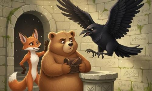 A large anthropomorphic brown bear named Bramble, round gentle face, attentive eyes and a focused frown, holds a small dark wooden box engraved with a feather against his chest, standing by a stone pedestal in a narrow lighthouse niche; a quick, slender fox called Juniper, pointed ears and mischievous eyes, worried but determined, stands slightly behind Bramble to the left, paw raised as if ready to intervene; a glossy large crow named Rook, sleek plumage and piercing gaze, wings half-open and aggressive, lunges toward Bramble from the dark corridor entrance; the setting is the interior of an old circular pale-stone lighthouse with visible spiral stairs, lichen-covered walls and faded carved inscriptions, faint golden light filtering from a porthole above and dust in the air; the scene captures a dramatic moment: Bramble protects the key box on the pedestal while Rook tries to seize it and Juniper prepares to help, tension visible and strong contrast between Bramble’s warmth and the crow’s blackness.