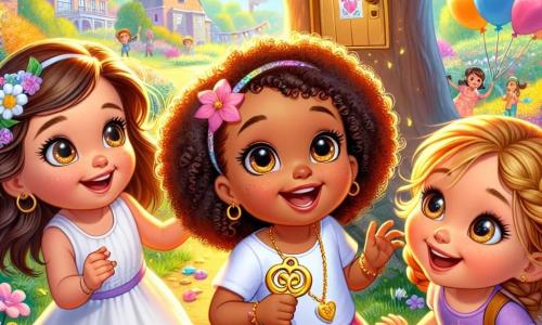 Three four-year-old girls, Mia, Zoe, and Lily, are gathered in a sunny park. Mia, with brown hair and sparkling eyes, holds a small golden key in her hand, smiling with excitement. Zoe, with curly blonde hair, is jumping for joy, her eyes shining with curiosity. Lily, with red hair in braids, leans down to look at a small door at the base of a large tree, her eyes wide with wonder. The park is filled with bright colors, with vibrant flowers and balloons floating in the blue sky. In the background, neighbors are preparing decorations for New Year's, creating a festive and joyful atmosphere. The three friends discover a magical door at the foot of a tree and are about to open it with the golden key, eager to embark on an adventure full of surprises and joy for the New Year.
