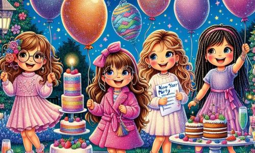 En el centro de la imagen, cuatro chicas sonrientes están juntas en un jardín iluminado por guirnaldas de luces de colores. Valentina, una niña de 10 años con cabello largo y castaño y gafas redondas, sostiene globos multicolores. A su derecha, Sofía, una niña de 9 años con cabello rubio y rizado, baila alegremente levantando los brazos, vestida con un vestido rosa. A la izquierda, Carla, una niña de 10 años con cabello castaño y flequillo, sirve pasteles en una mesa decorada con manteles brillantes. Finalmente, Lucía, una niña de 9 años con cabello negro y trenzas, sostiene una lista de juegos mientras sonríe, de pie junto a un gran cartel que dice "Fiesta de Año Nuevo". El jardín está lleno de decoraciones festivas: linternas de papel, serpentinas de colores flotando en el aire, y una gran mesa con pasteles y bebidas espumosas. En el fondo, se ven estrellas brillantes en un cielo nocturno azul profundo. La escena principal muestra a las cuatro amigas organizando una fiesta sorpresa para sus familias, con risas y música, creando una atmósfera alegre y festiva, listas para recibir el Año Nuevo.