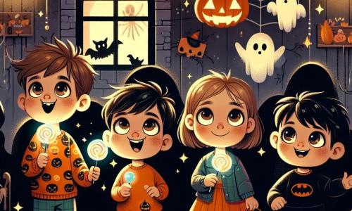 Em uma casa escurecida pelo Halloween, quatro amigos se reúnem, iluminados pelo brilho de seus pirulitos. Lucas, um garoto de cinco anos com cabelos castanhos e olhos brilhantes, sorri corajosamente segurando um pirulito. Ao seu lado, Ana, uma menina de cinco anos com cabelos loiros e vestido laranja, observa ao redor com olhos curiosos. Tiago, um garoto de cinco anos com cabelos negros e camiseta de super-herói, faz uma careta engraçada, enquanto Sofia, uma menina de cinco anos com cabelos ruivos e saia com estampas de abóbora, ri segurando a mão de Ana. A cena acontece em um quarto escuro da casa, decorado com teias de aranha de papel, fantasmas pendurados e abóboras esculpidas que brilham fracamente na escuridão. As paredes são pintadas de preto, e sombras dançam ao redor, criando uma atmosfera misteriosa e divertida. Armados de coragem e seus pirulitos mágicos, os amigos encontram um fantasma amigável que os recebe com um grande sorriso, transformando seu medo em risadas e seu Halloween em uma aventura inesquecível.