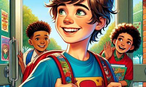 A 12-year-old boy named Ben stands in the center of the image, smiling broadly with sparkling eyes filled with excitement and a hint of nervousness. He has messy brown hair, wears a blue t-shirt with a superhero logo, and carries a colorful backpack. He gazes in awe at the entrance of his school, ready to go inside. To his right, Jamal, also 12, gives him a friendly pat on the shoulder. He has curly hair and wears a red soccer jersey, smiling widely in support. To the left, Mia, an 11-year-old girl, sits on a bench holding a book. She has long braided brown hair and wears a floral dress, looking curious and excited as she watches Ben. The scene takes place at the entrance of a modern school with large glass doors and red brick walls, surrounded by lush trees and colorful posters announcing the start of the school year. The blue sky with a few white clouds adds a cheerful touch to the atmosphere. The main situation shows Ben, Jamal, and Mia in front of the school, ready to enter for their first day of class, with Ben about to step through the door while his friends encourage him, creating a sense of camaraderie and excitement for this new school adventure.