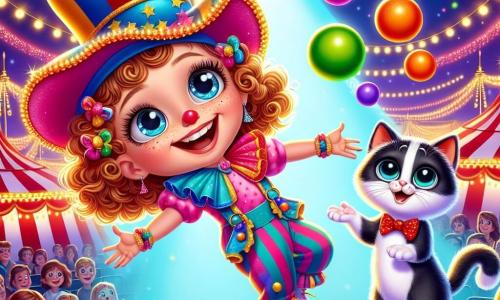 Una niña de 6 años, Clara, con grandes ojos brillantes y cabello rizado, lleva un gran sombrero de payaso colorido y una sonrisa radiante. Ella está haciendo malabares con pelotas de colores vivos, con los brazos extendidos hacia el cielo, llena de entusiasmo y alegría. A su lado, un gato negro y blanco, Don Gato, con un aire travieso, observa atentamente las pelotas, los ojos muy abiertos, listo para saltar. El escenario es un circo brillante, lleno de luces centelleantes y carpas a rayas rojas y blancas, con globos flotantes y espectadores maravillados de fondo. La escena está animada por colores vibrantes y un ambiente festivo. Clara y Don Gato son el centro de atención, rodeados de risas y aplausos, mientras se preparan para realizar un número cómico y alegre.