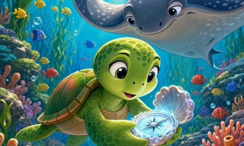 Coral, a young green sea turtle with a round face and bright curious eyes, looks amazed and gentle as she holds a small shell compass glowing pale blue; her smooth shell shows green and salmon tones and she swims slowly, tilting her head to study it. Behind and above her hovers Miro, a large wise manta ray with broad rounded wings, pearl-gray skin with nacreous spots and a calm, kind gaze, watching attentively. No humans are present. The compass has a shimmering shell rim, a thin silver needle pointing right and a moonlit underwater glow. The scene is a luminous underwater lagoon with clear turquoise water, golden sunbeams, algae-covered rocks, pink and orange corals, rising bubbles, a gently waving kelp forest in the background and schools of yellow, blue and red fish. The moment is one of discovery: soft, magical atmosphere, vivid contrasting colors, rounded forms and smooth textures, composition centered on Coral and the compass to evoke curiosity and the start of an adventure.