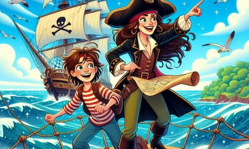 In het midden van de afbeelding staat Kapitein Lila, een piratenvrouw van ongeveer 30 jaar, trots op het dek van haar prachtige schip, De Zeeleeuw. Ze heeft lange bruine haren die in de wind waaien, een piratenhoed met een gekleurde veer en een vastberaden glimlach op haar gezicht. Ze houdt een schatkaart in de ene hand en wijst met de andere naar de horizon, wat haar enthousiasme voor avontuur toont. Naast haar kijkt Finn, een jongen van ongeveer 10 jaar met rommelig blond haar en een rode bandana, bewonderend naar de kaart. Hij draagt een gestreepte shirt en een leren vest, en hij springt van blijdschap, met stralende ogen van opwinding. Op de achtergrond is het schip omringd door glinsterende golven onder een heldere blauwe lucht, met enkele witte wolken. Er zijn meeuwen die boven vliegen en een groen eiland aan de horizon, wat de locatie van het volgende avontuur suggereert. De belangrijkste situatie toont Kapitein Lila en Finn die hun zoektocht naar de legendarische schat van de Gouden Dolfijn plannen, vol enthousiasme en vastberadenheid, klaar om alle uitdagingen op zee aan te gaan.